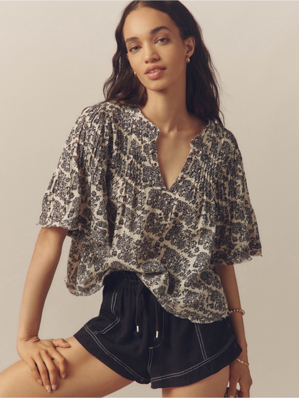 Anthropology Trina Pintuck Short-Sleeve Swing Top Size XS